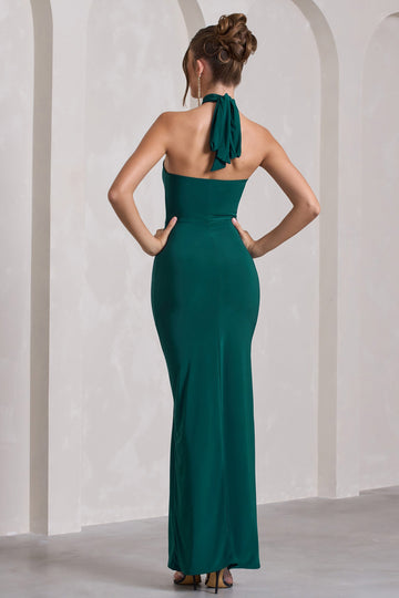 Pamela Bottle Green Halter-Neck Sleeveless Split Maxi Dress
